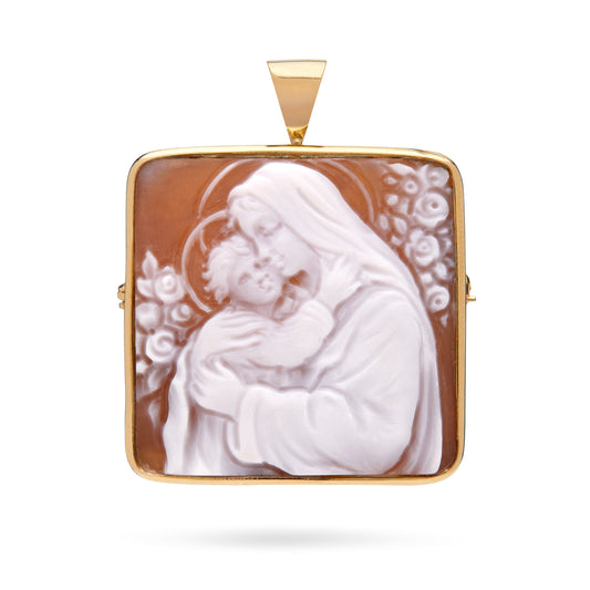 Mondo Cattolico Jewelry 22x22 mm (0.87x0.87  in) Square Yellow Gold Brooch and Pendant With Cameo Portraying Virgin Mary With Baby Jesus