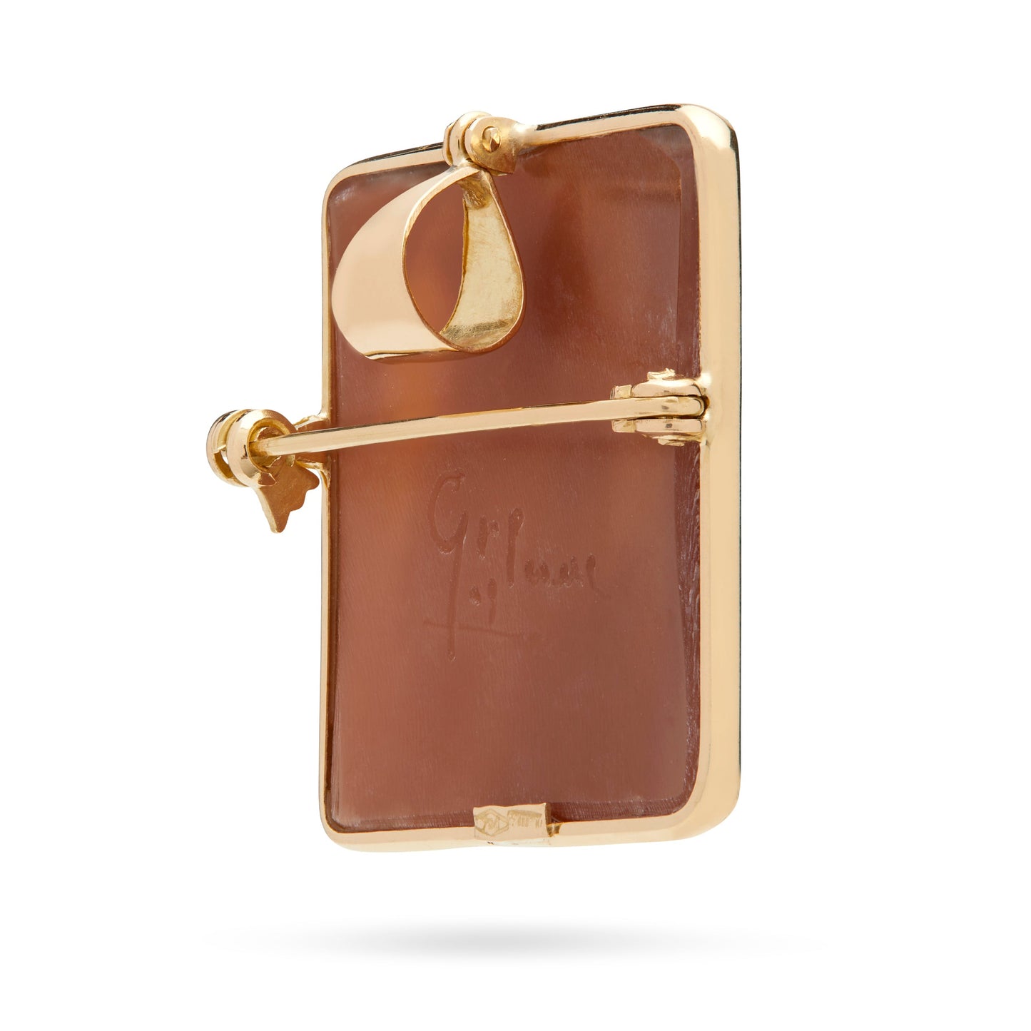 Mondo Cattolico Jewelry 22x22 mm (0.87x0.87 in) Square Yellow Gold Brooch and Pendant With Cameo Portraying Virgin Mary With Baby Jesus