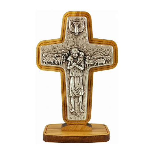 MONDO CATTOLICO The Good Shepherd Cross in Olive Wood and Pewter 8 cm