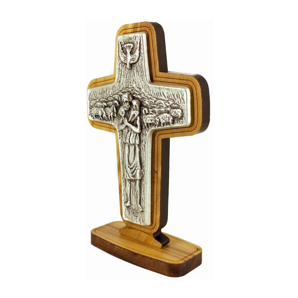 MONDO CATTOLICO The Good Shepherd Cross in Olive Wood and Pewter 8 cm