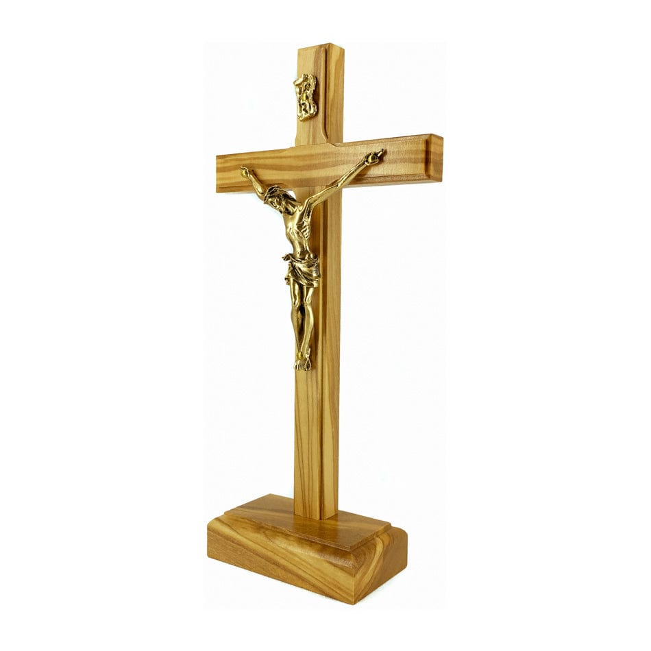 MONDO CATTOLICO 22 cm (8.66 in) Standing Olive Wood Crucifix With Golden Corpus