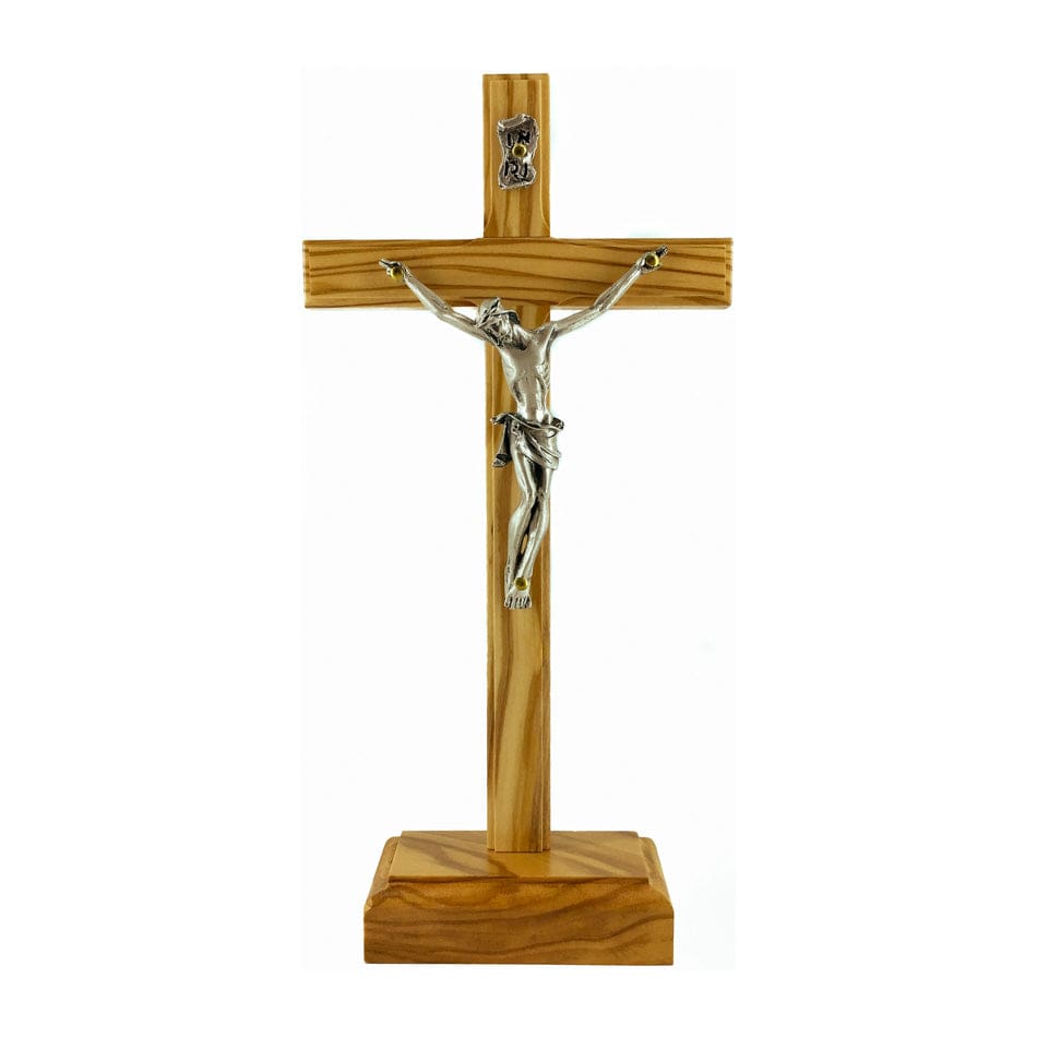 MONDO CATTOLICO 22 cm (8.66 in) Standing Olive Wood Crucifix With Silver Corpus