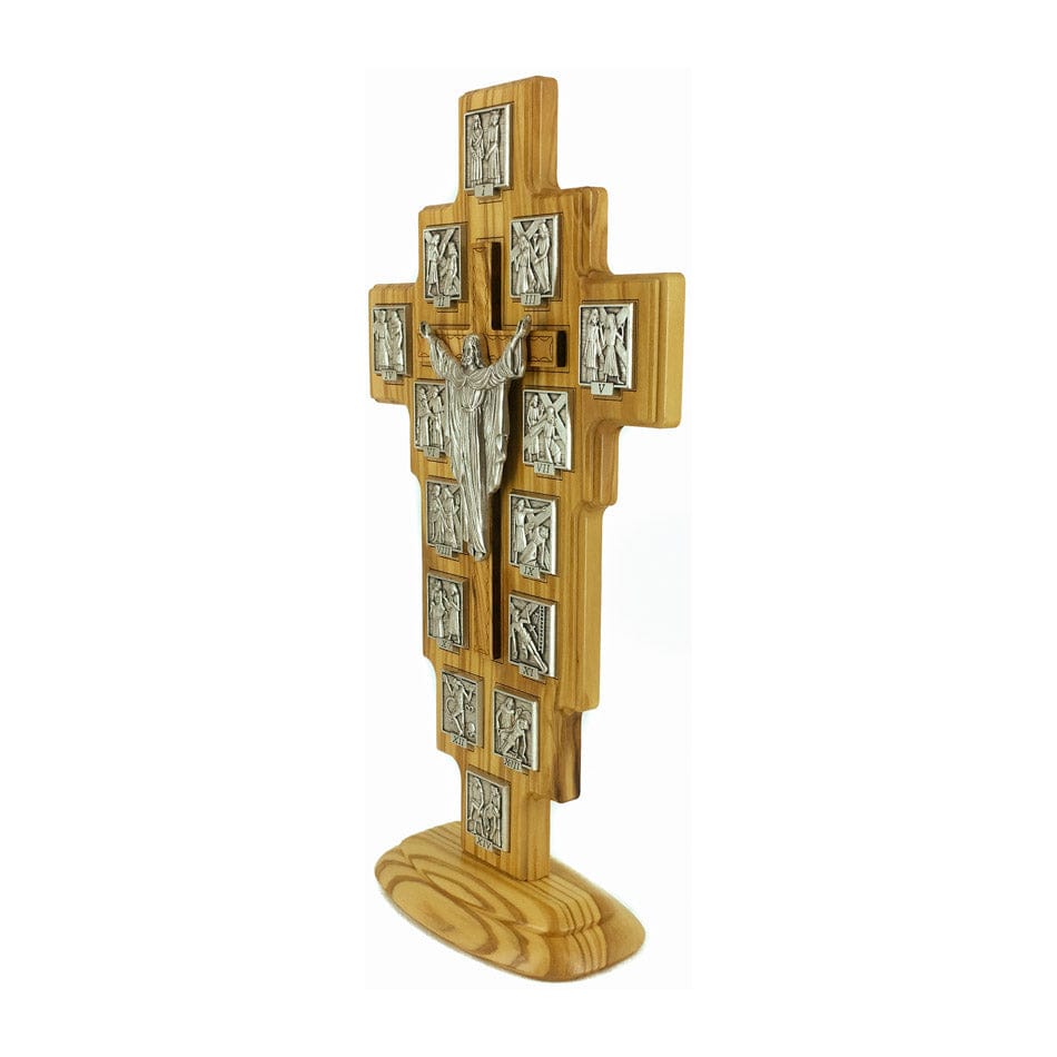 MONDO CATTOLICO 30 cm (11.81 in) Standing Olive Wood Risen Christ Crucifix With Via Crucis