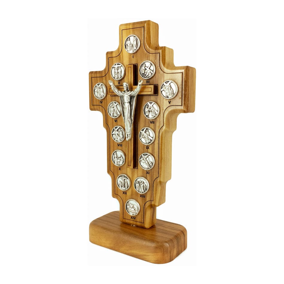 MONDO CATTOLICO 13 cm (5.11 in) Standing Risen Christ Cross in Olive Wood and Via Crucis 13 cm