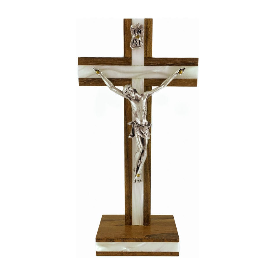 MONDO CATTOLICO 18 cm (7.08 in) Standing Walnut Crucifix Inlaid With Mother-of-pearl on Cross and Base