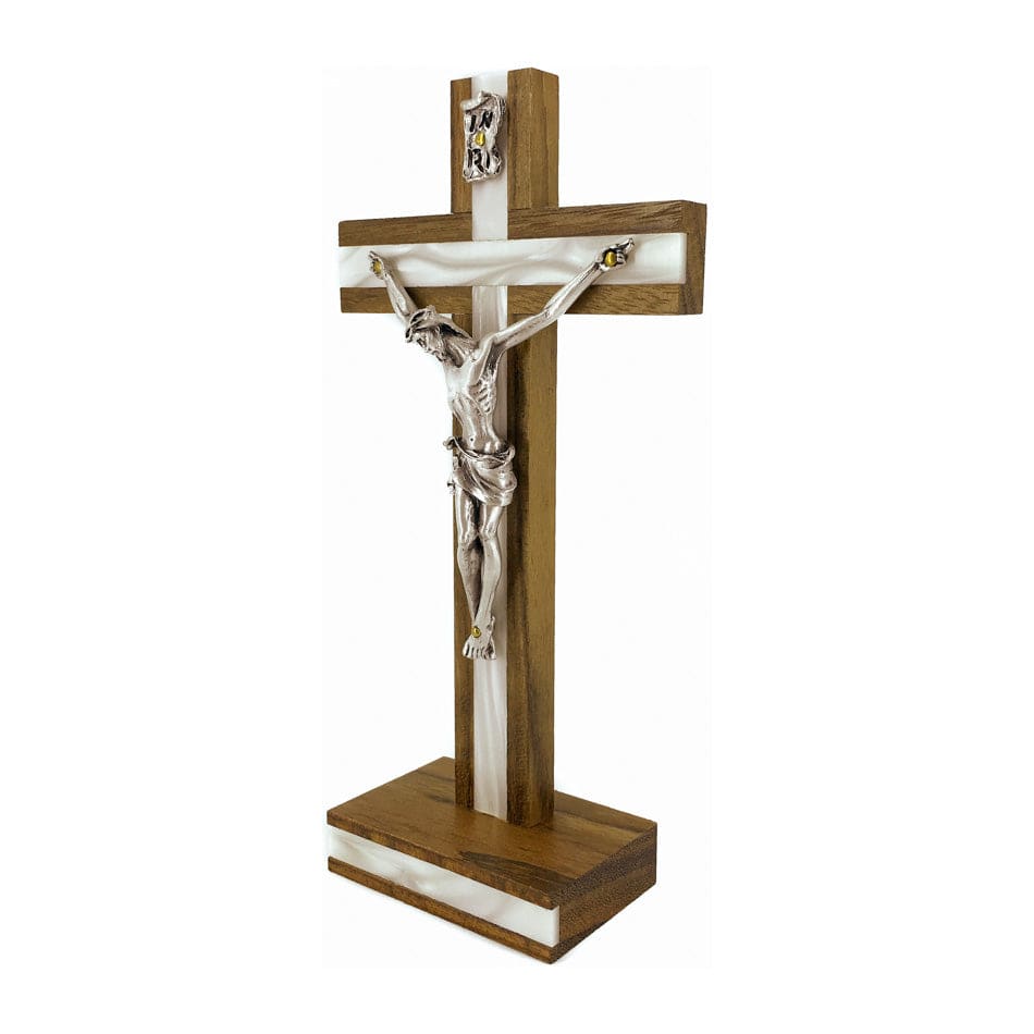 MONDO CATTOLICO 18 cm (7.08 in) Standing Walnut Crucifix Inlaid With Mother-of-pearl on Cross and Base