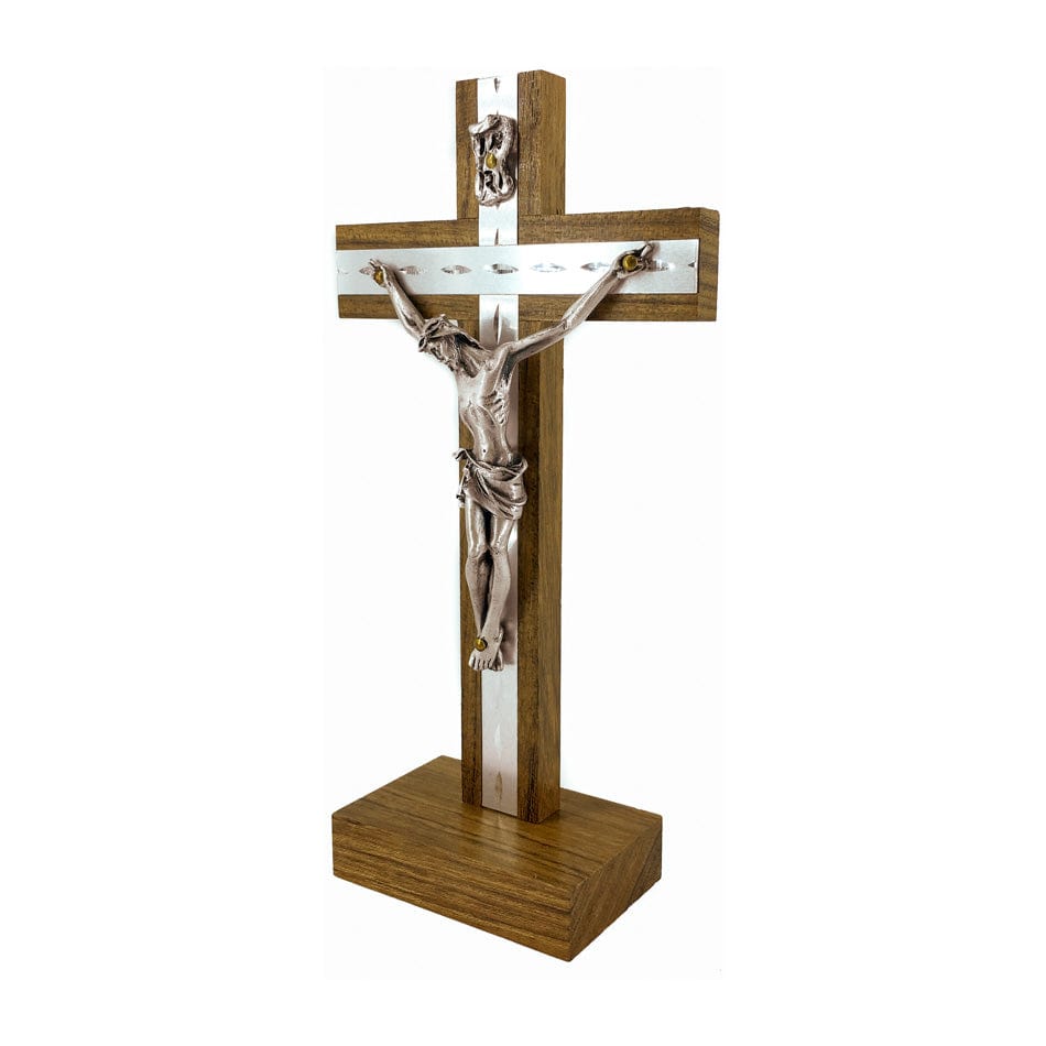 MONDO CATTOLICO 17 cm (6.69 in) Standing Walnut Crucifix With Inlays and Silver Details