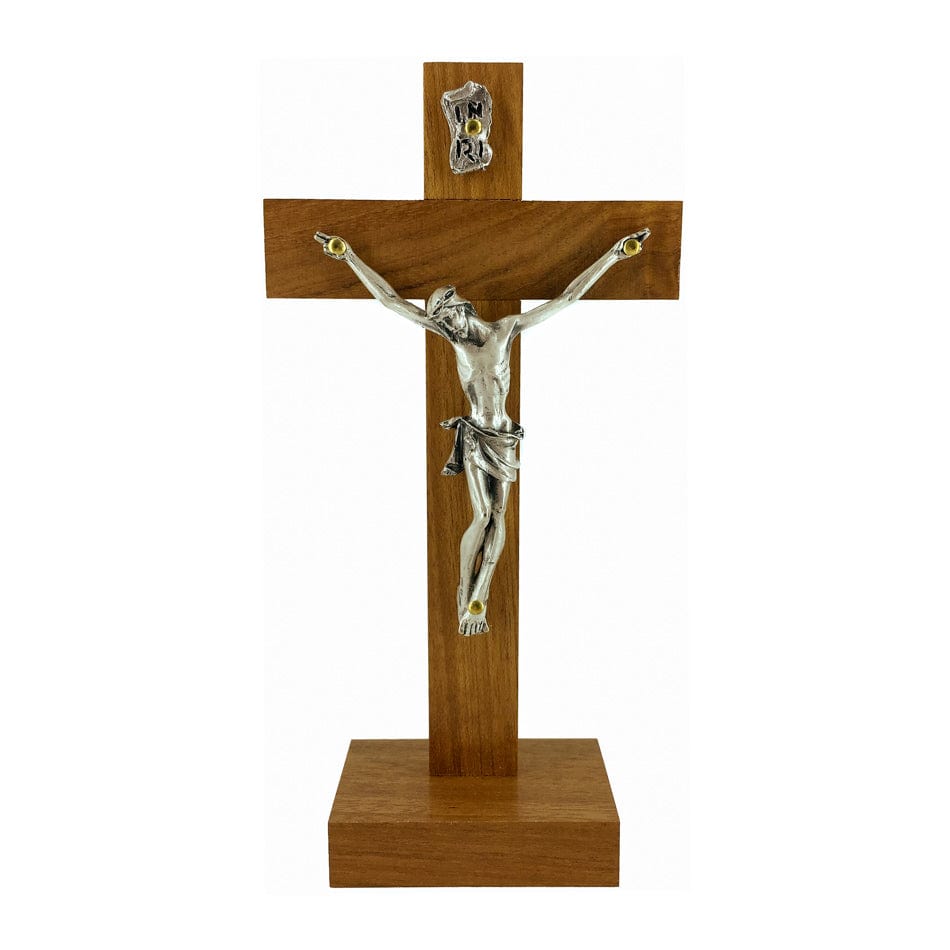 MONDO CATTOLICO 17 cm (6.69 in) Standing Walnut Crucifix With Silver Corpus