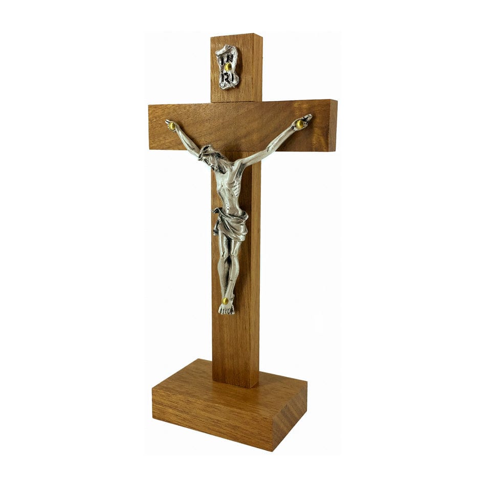 MONDO CATTOLICO 17 cm (6.69 in) Standing Walnut Crucifix With Silver Corpus