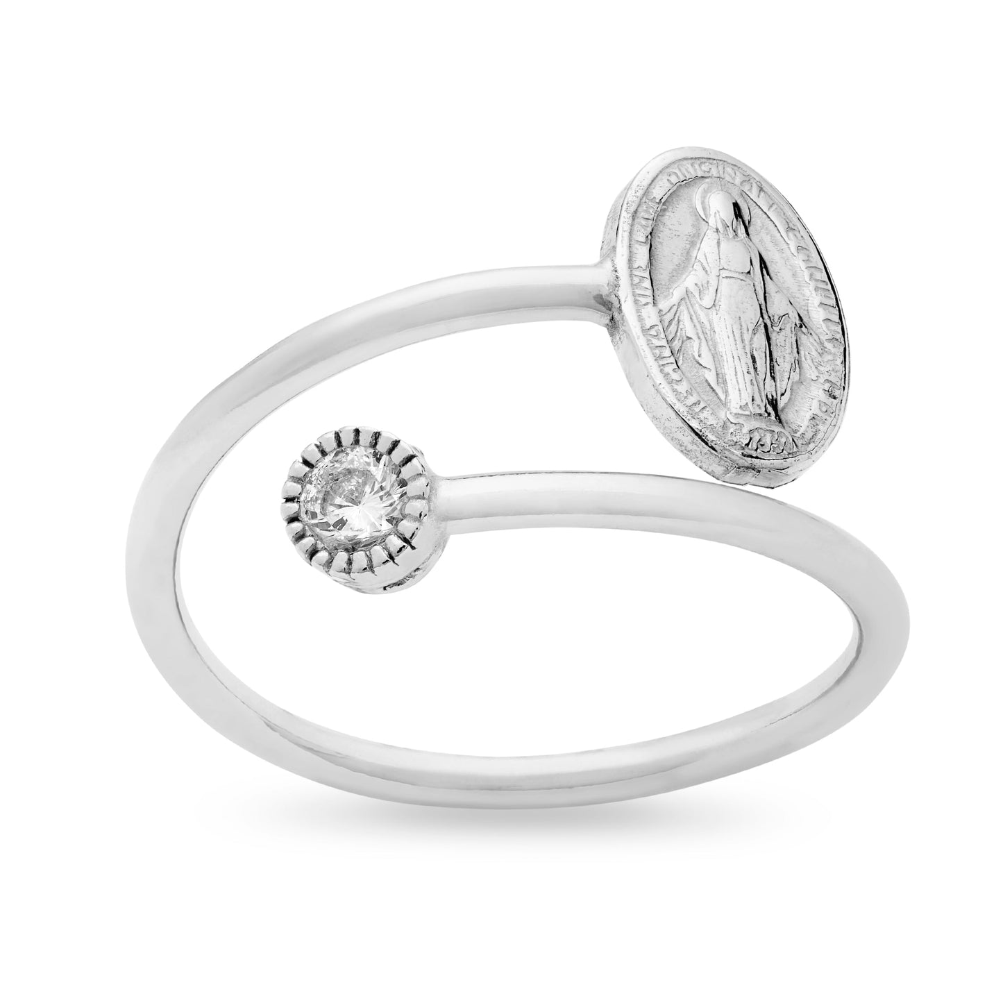 Mondo Cattolico Adjustable Sterling Silver Adjustable Ring With Miraculous Medal And Cubic Zirconia Spotlight