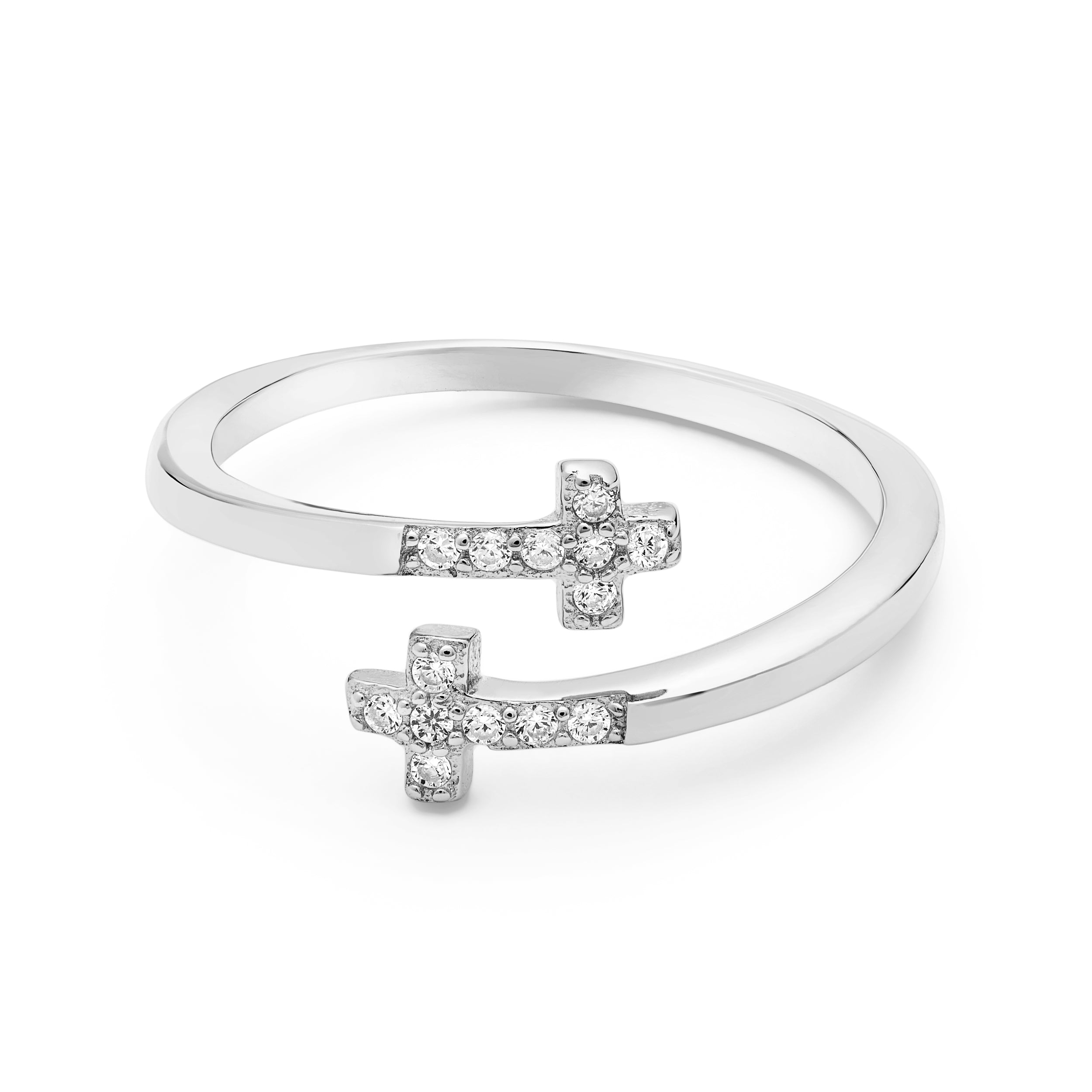 Sterling Silver Adjustable Ring With Two Cubic Zirconia End Crosses | MONDO  CATTOLICO