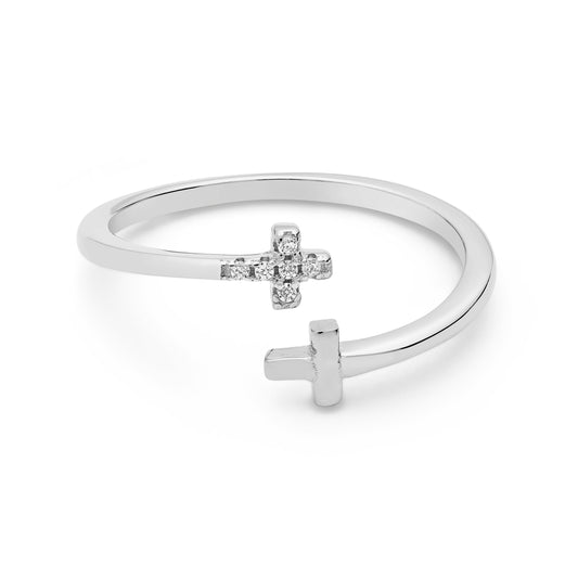 Mondo Cattolico Adjustable Sterling Silver Adjustable Ring With Two Small Cubic Zirconia End Crosses