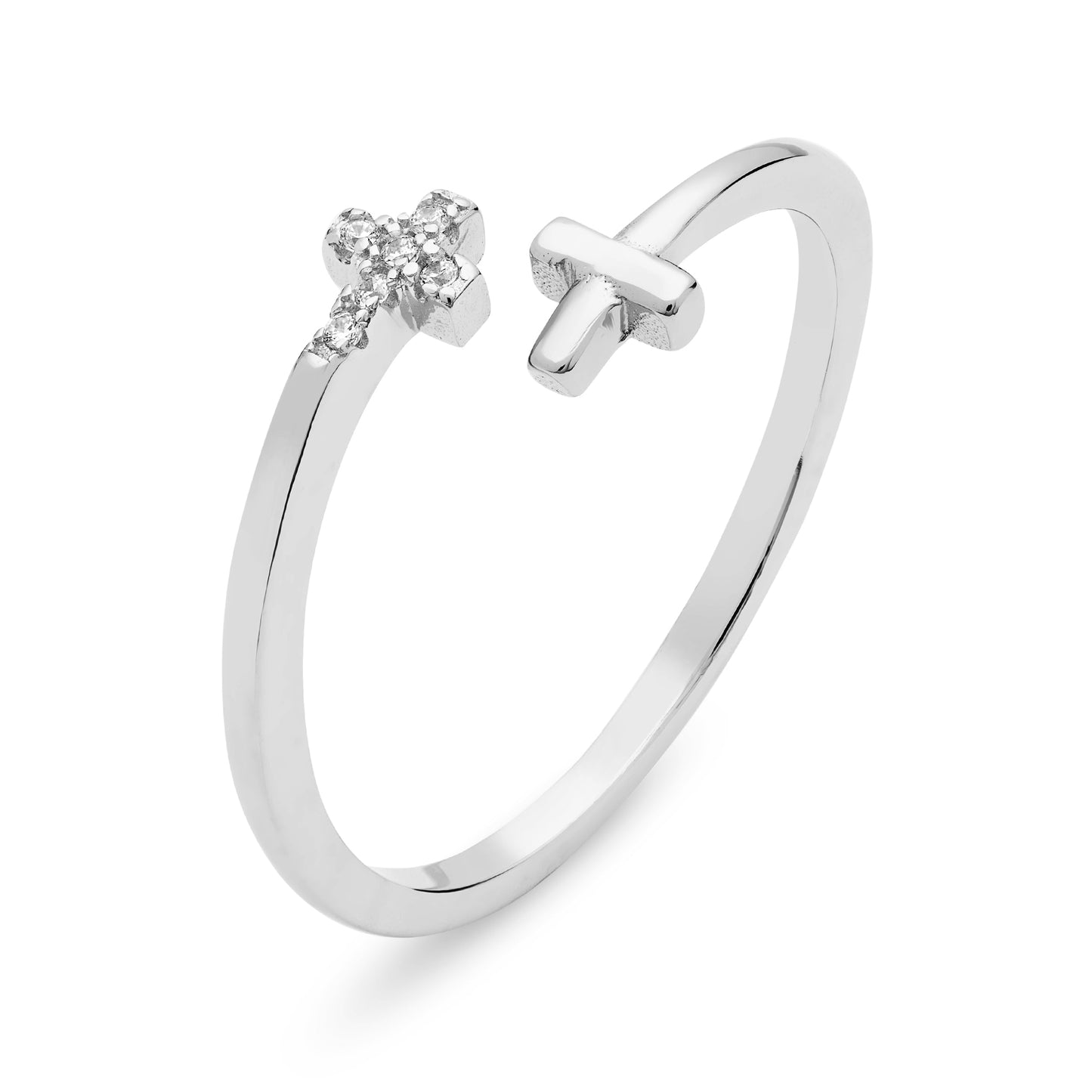 Mondo Cattolico Adjustable Sterling Silver Adjustable Ring With Two Small Cubic Zirconia End Crosses