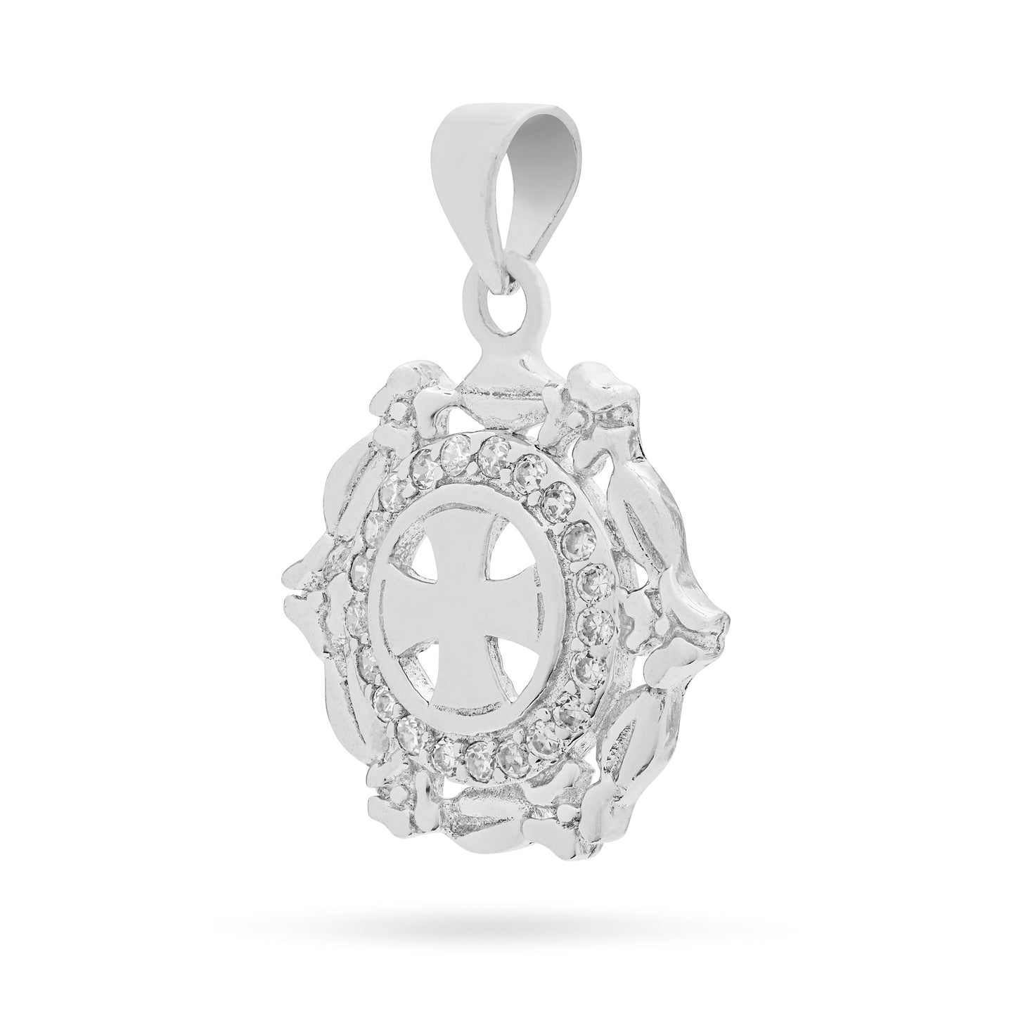 Mondo Cattolico Pendant 17 mm (0.67 in) Sterling Silver Medal Pendant With Greek Cross and Worked Frame