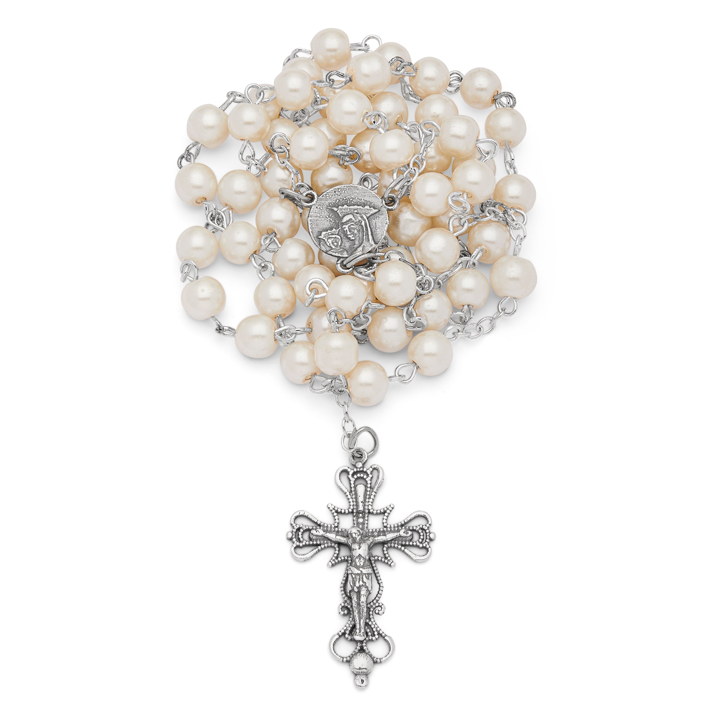 Strawberry Beads & AAA10MM Pearl Sterling Silver Rosary cross catholic  Necklace