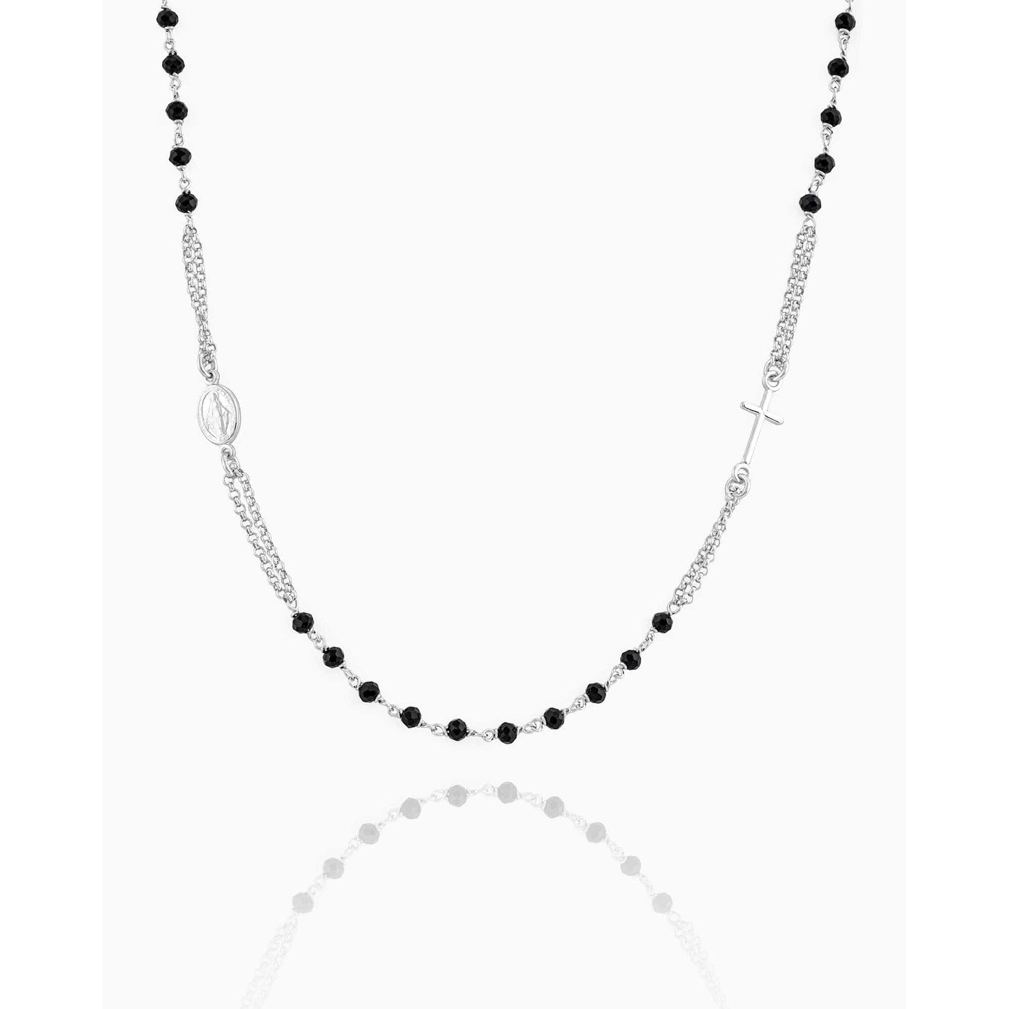 MONDO CATTOLICO Prayer Beads Rhodium / Cm 46 (18.1 in) STERLING SILVER PLATED 3 MM BLACK BEADS NECKLACE