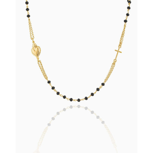 MONDO CATTOLICO Prayer Beads Gold / Cm 46 (18.1 in) STERLING SILVER PLATED 3 MM BLACK BEADS NECKLACE