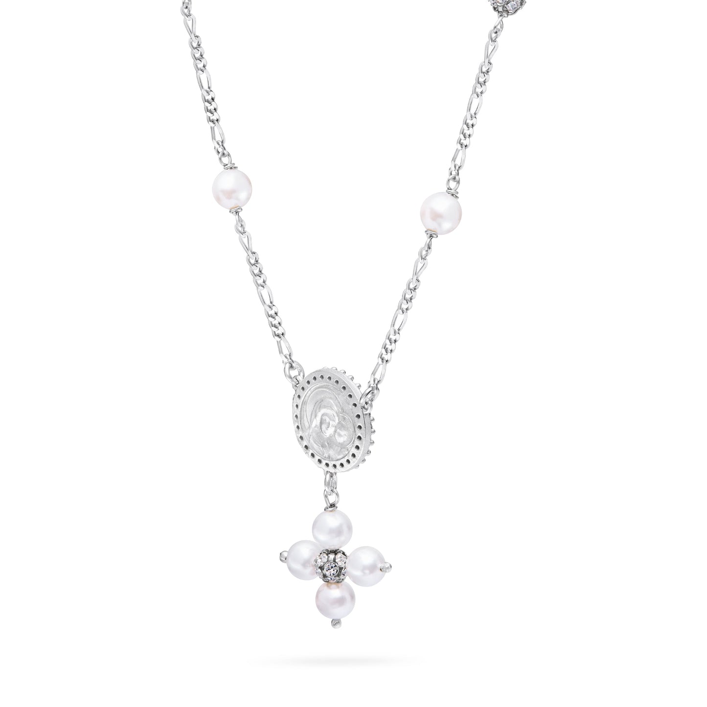 Mondo Cattolico Necklaces 28 cm (11.02 in) / 46 cm (18.11 in) / 6 mm (0.24 in) Sterling Silver Pope Leo XIV Necklace with White Pearls and Rhinestone Beads
