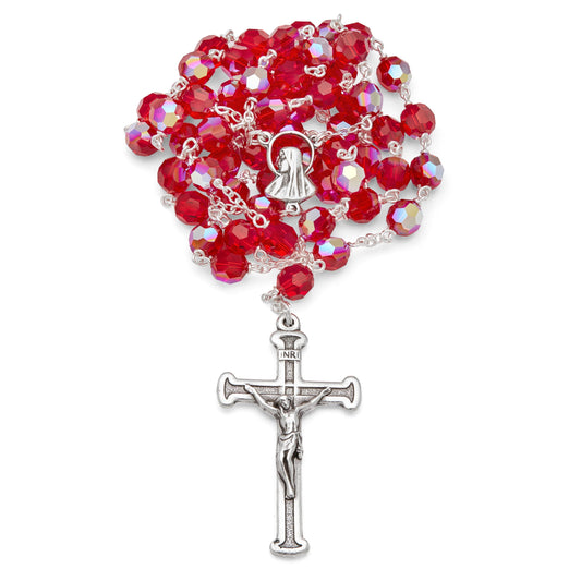 MONDO CATTOLICO Prayer Beads 43 cm (16.9 in) / 6 mm (0.23 in) Sterling Silver Rosary and Red Swarovski Beads