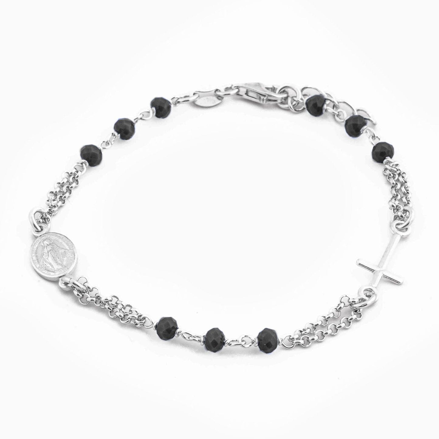 MONDO CATTOLICO Prayer Beads Rhodium / Cm 17.5 (6.9 in) / Cm 3 (1.2 in) STERLING SILVER ROSARY BRACELET DOUBLE CHAIN BLACK FACETED BEADS