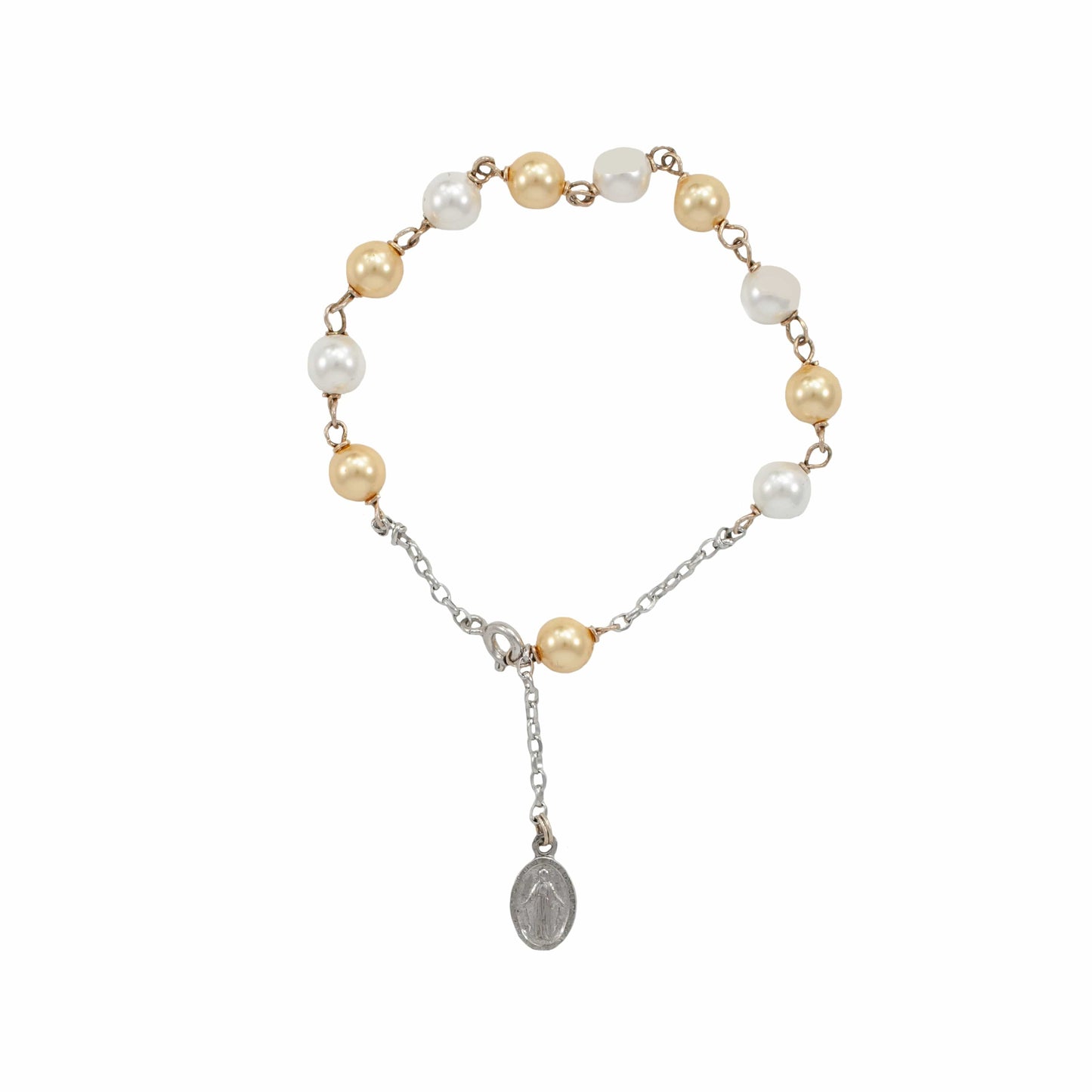 MONDO CATTOLICO Prayer Beads Adjustable Sterling Silver Rosary Bracelet Swarovski Crystal Pearls White and Gold Beads