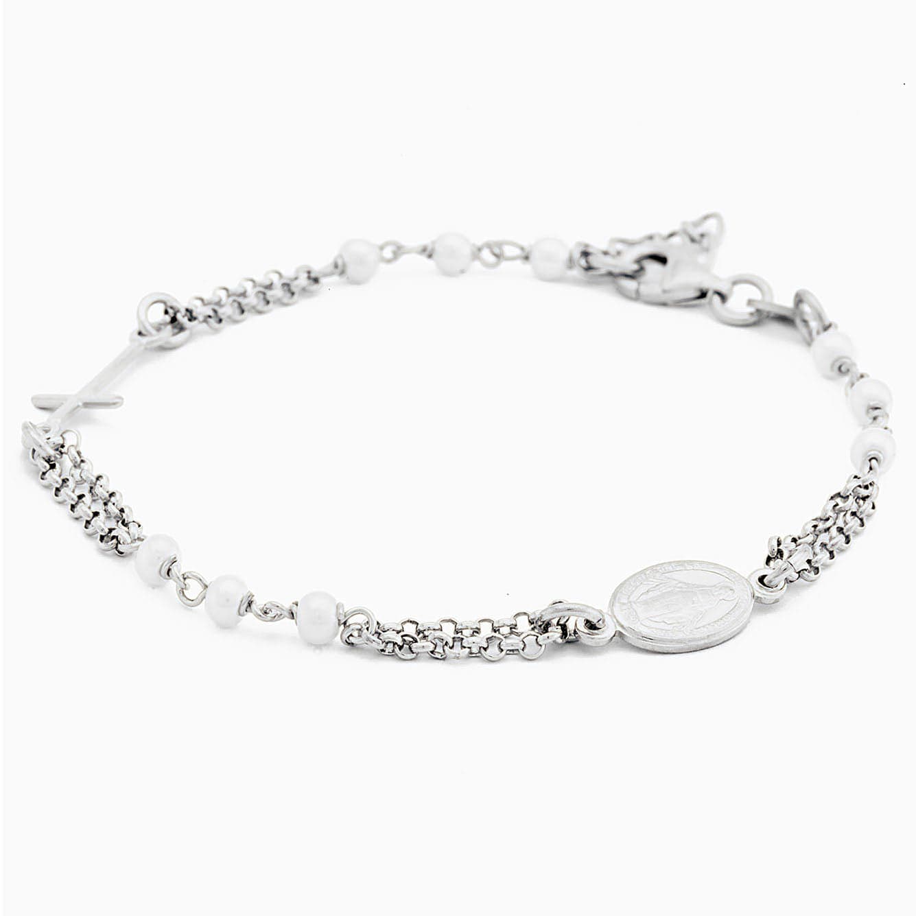 MONDO CATTOLICO Prayer Beads Rhodium / Cm 17.5 (6.9 in) STERLING SILVER ROSARY BRACELET SYNTHETIC PEARL FACETED BEADS