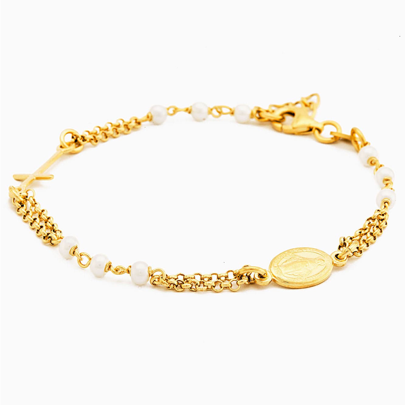 MONDO CATTOLICO Prayer Beads Gold / Cm 17.5 (6.9 in) STERLING SILVER ROSARY BRACELET SYNTHETIC PEARL FACETED BEADS