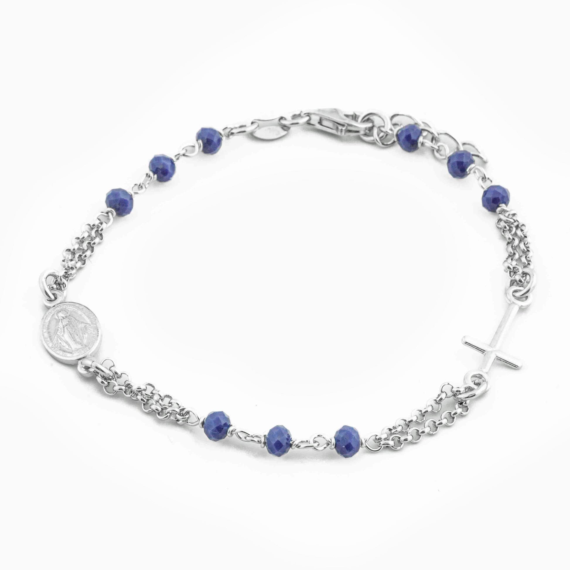 MONDO CATTOLICO Prayer Beads Rhodium and Blue / Cm 17.5 (6.9 in) STERLING SILVER ROSARY BRACELET SYNTHETIC PEARL FACETED BEADS