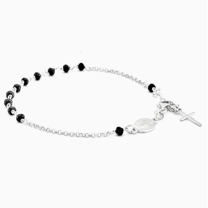 MONDO CATTOLICO Prayer Beads Rhodium e Black Beads / Cm 17.5 (6.9 in) STERLING SILVER ROSARY BRACELET WITH MIRACULOUS MEDAL AND CROSS FACETED BEADS