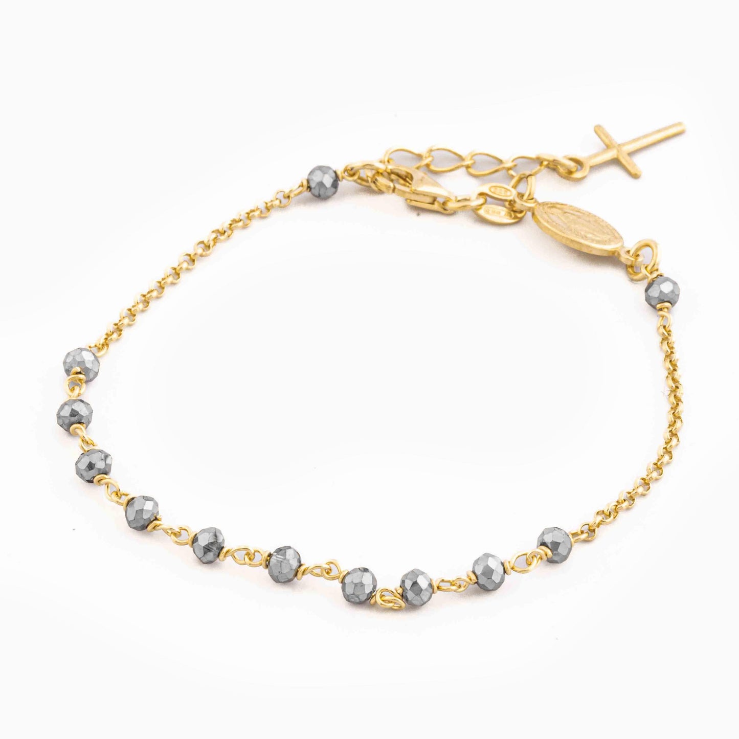 MONDO CATTOLICO Prayer Beads Gold and Grey / Cm 17.5 (6.9 in) STERLING SILVER ROSARY BRACELET WITH MIRACULOUS MEDAL AND CROSS FACETED BEADS
