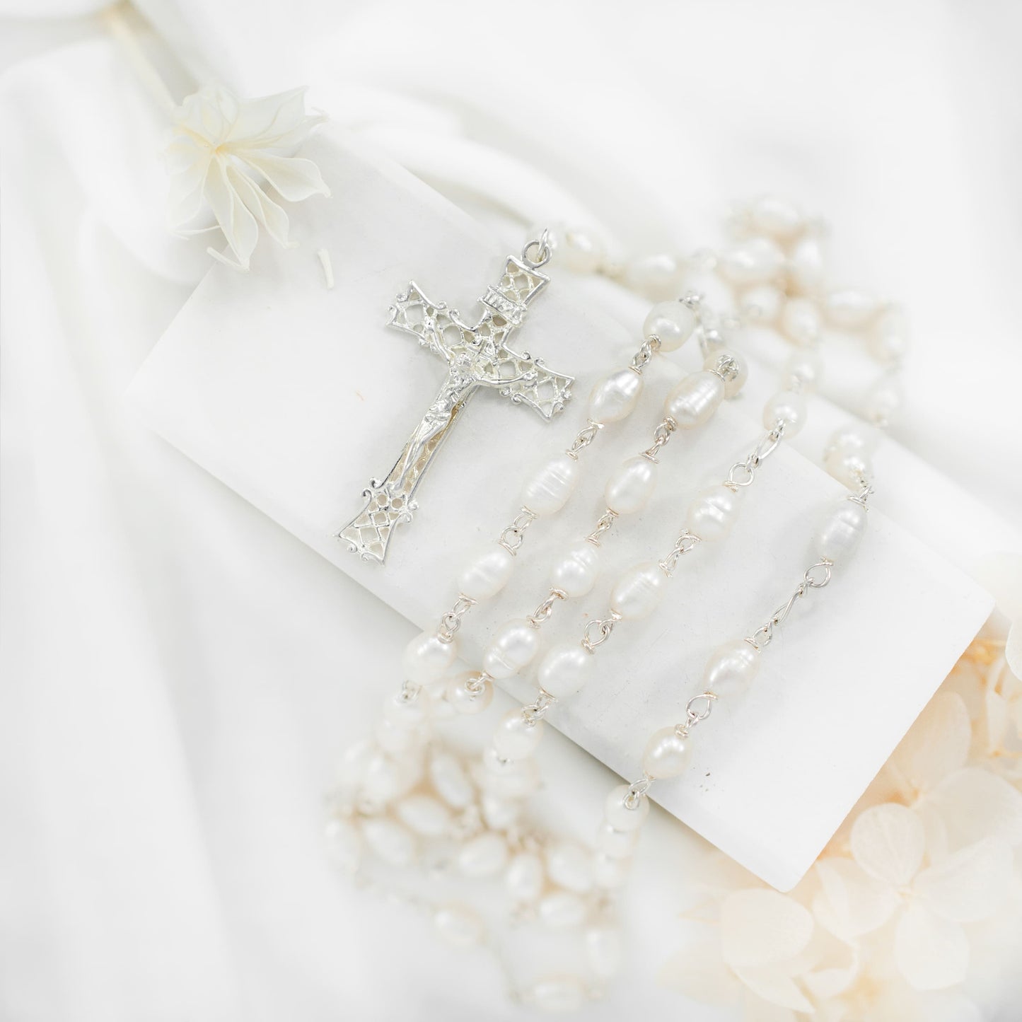 MONDO CATTOLICO Prayer Beads Sterling Silver Rosary Freshwater White Pearls