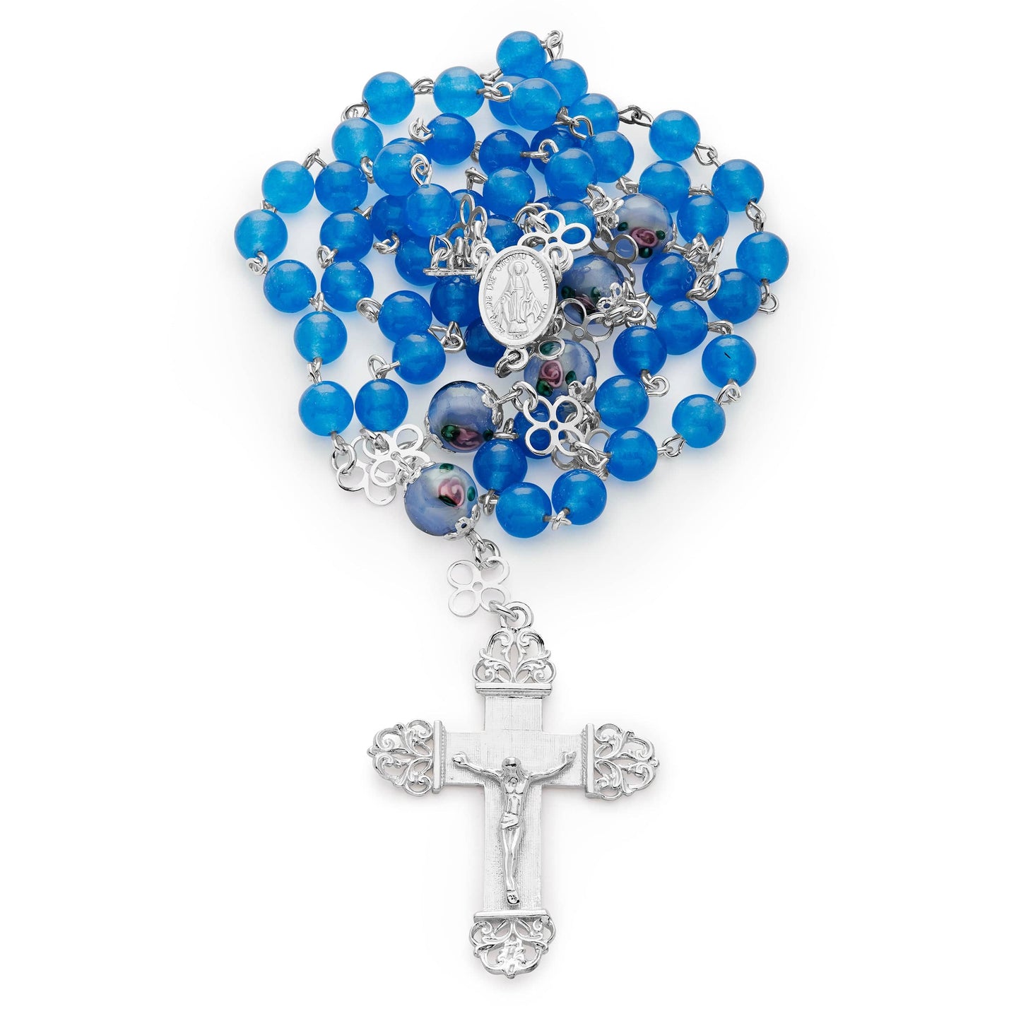 MONDO CATTOLICO Prayer Beads 51 Cm (20.07 in) / 6 mm (0.23 in) Sterling Silver Rosary in Blue Agate