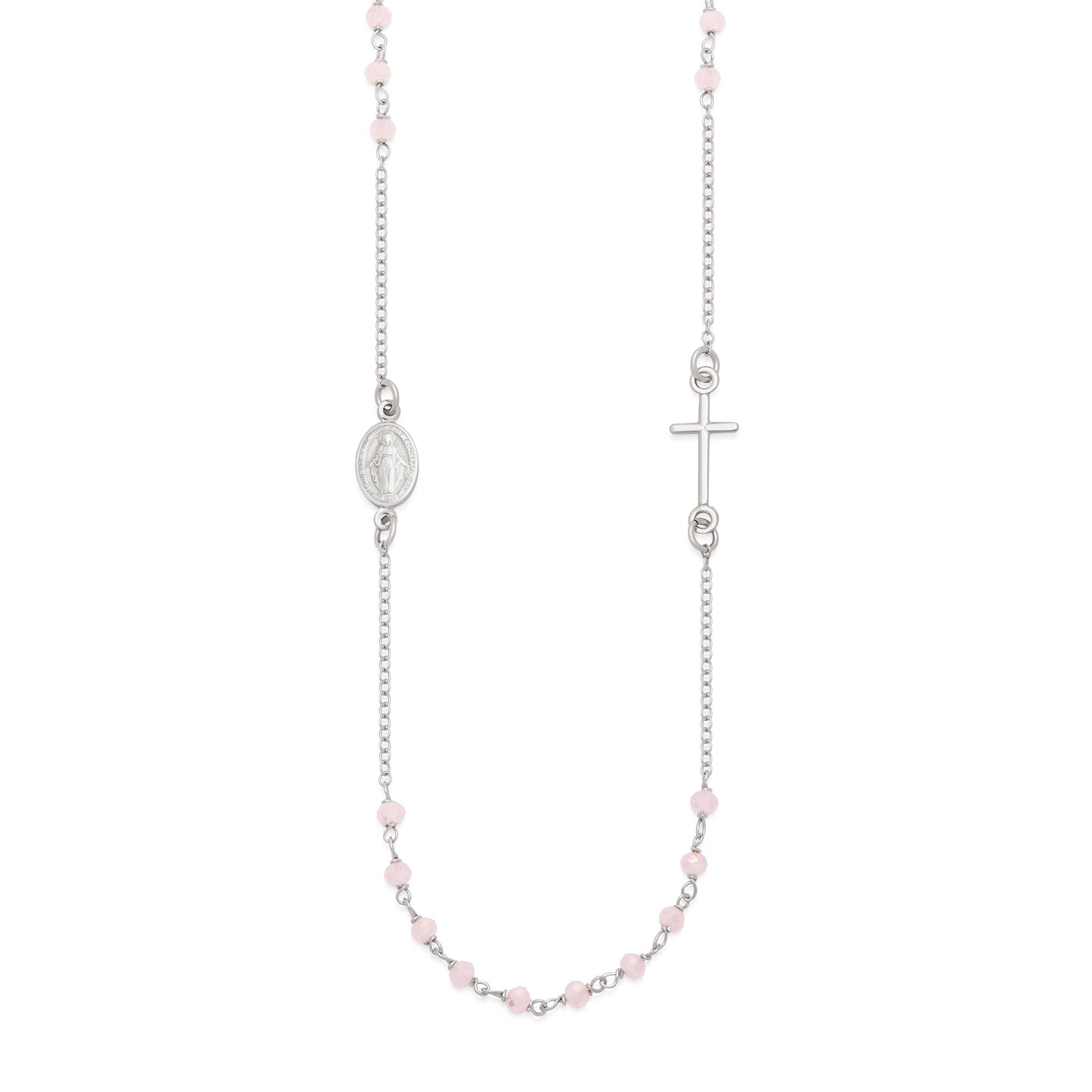 Mondo Cattolico Rosary 46 cm (18.11 in) / 3 mm (0.12 in) Sterling Silver Rosary Necklace with Light Pink Beads
