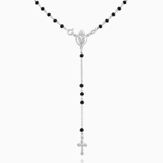 MONDO CATTOLICO Prayer Beads Rhodium / Cm 46 (18.1 in) STERLING SILVER ROSARY SACRED HEART 3MM BLACK BEADS