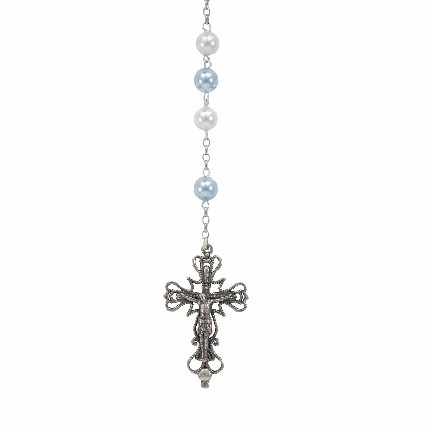 MONDO CATTOLICO Prayer Beads Sterling Silver Rosary Swarovski Crystal Pearls White and Light Blue Beads