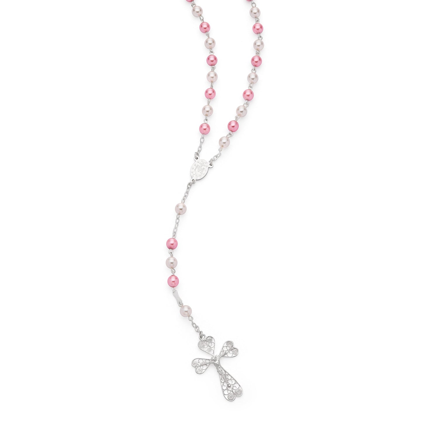MONDO CATTOLICO ROMA Prayer Beads Sterling Silver Rosary Swarovski Crystal Pearls White and Pink Beads