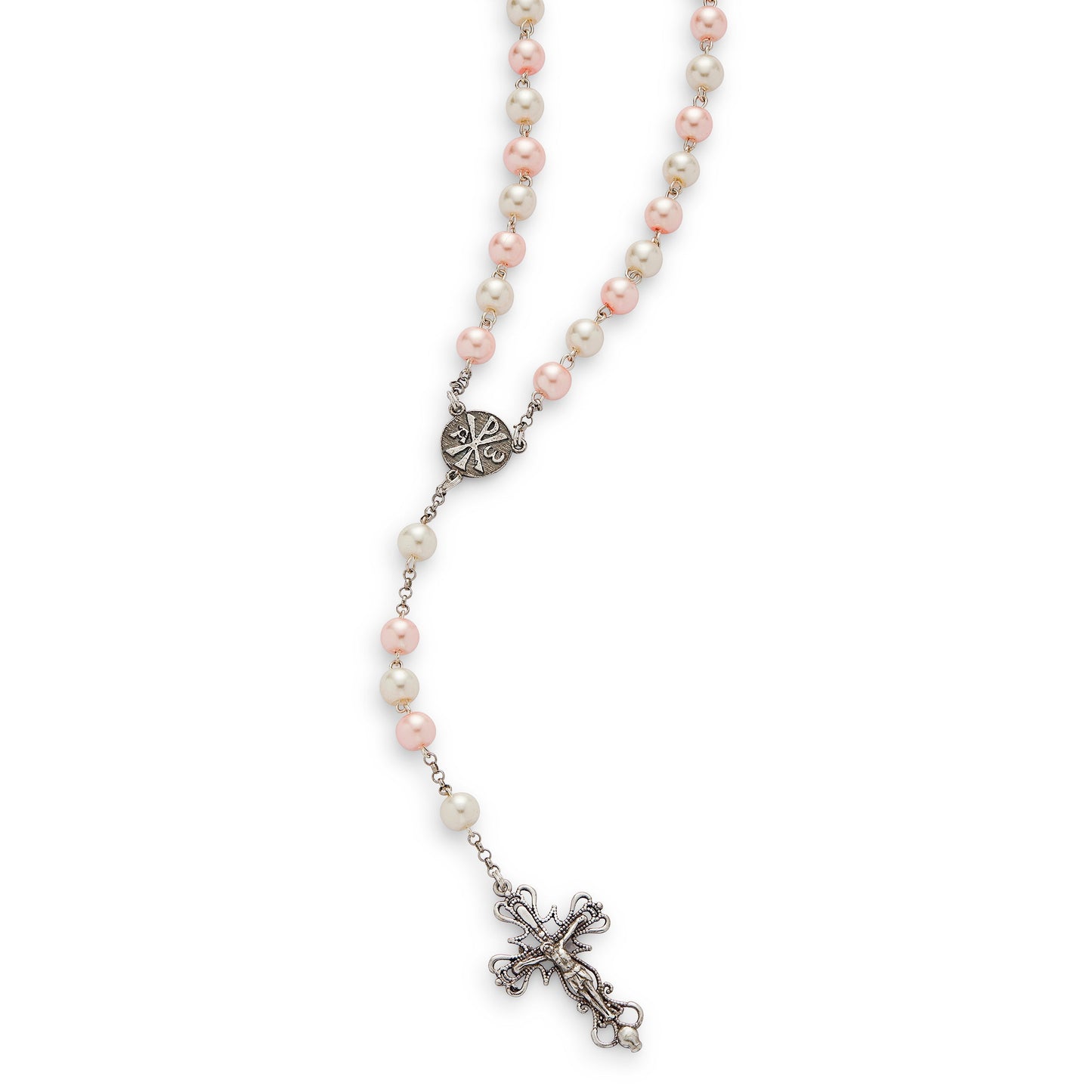 MONDO CATTOLICO Prayer Beads Sterling Silver Rosary Swarovski Crystal Pearls White and Pink Beads