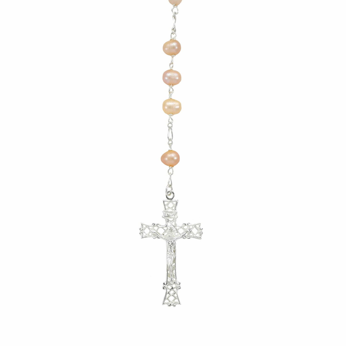 MONDO CATTOLICO Prayer Beads Sterling Silver Rosary with Lake Pearl Beads