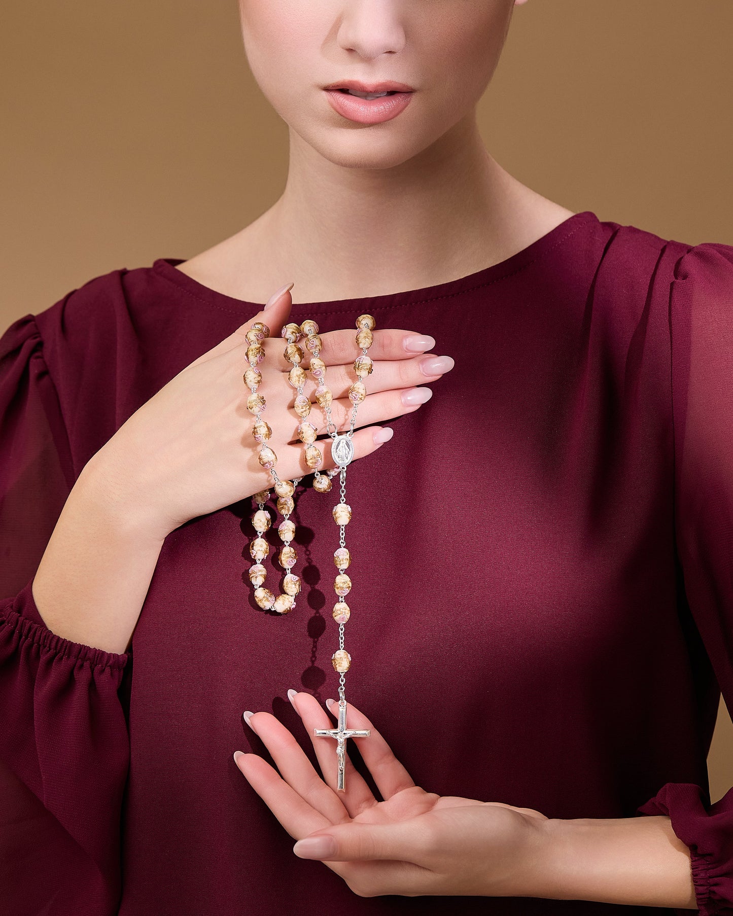 MONDO CATTOLICO ROMA Rosary 60 cm (23.62 in) / 85 cm (33.46 in) / 8x10 mm (0.31x0.39 in) Sterling Silver Rosary with Yellow Crystal Beads and Rosettes with the Miraculous Medal