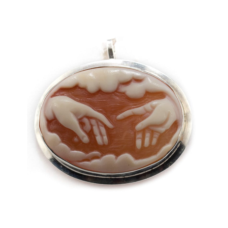 MONDO CATTOLICO "THE HANDS OF GOD AND ADAM" CAMEO IN SEASHELL AND STERLING SILVER