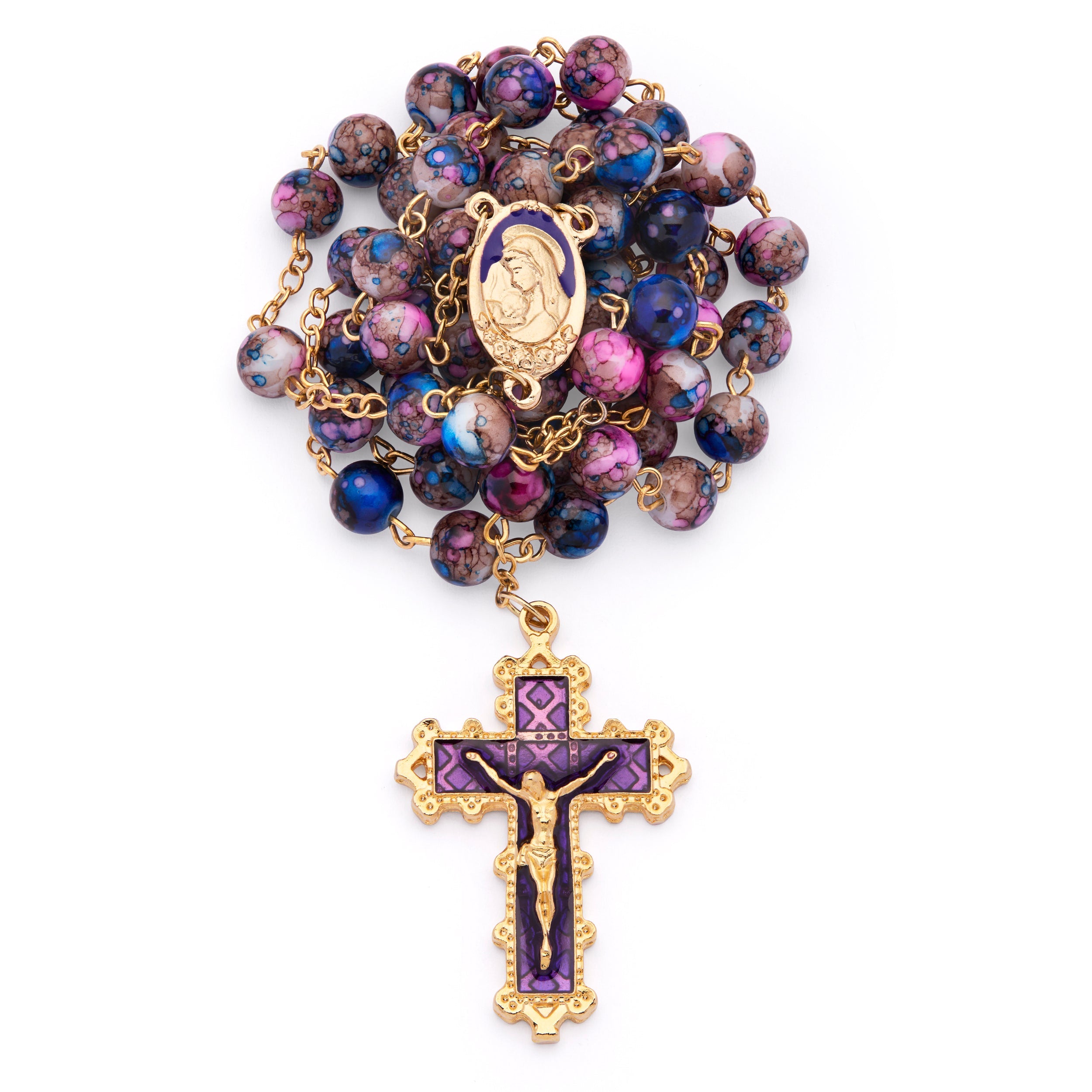 Virgin Mary and Child Rosary with Blue and Fuchsia Glass Beads