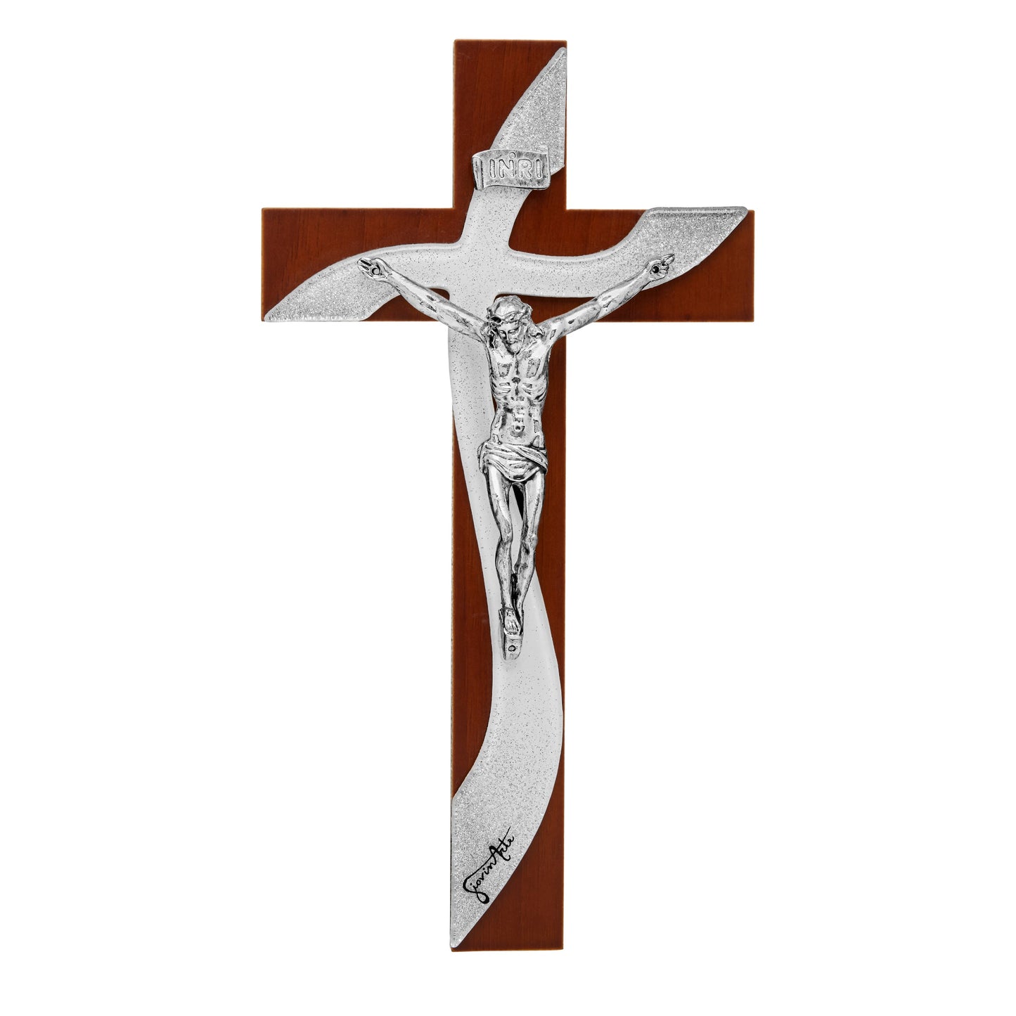 Mondo Cattolico Walnut Crucifix With White Murano Glass and Glitter