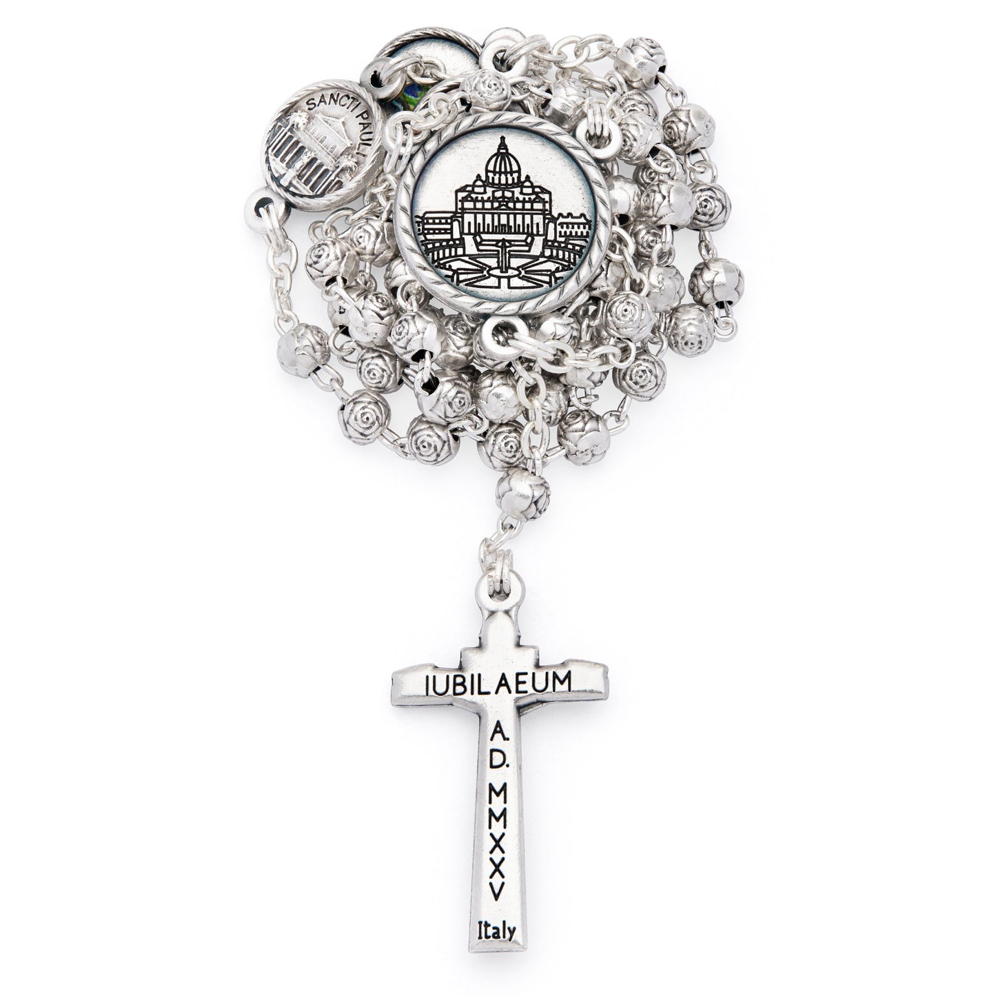 MONDO CATTOLICO ROMA Rosary Box 4 x 4.5 cm (1.57 x 1.77 in) / 4 mm (0.15 in) / 36 cm (14.17 in) White Enameled Jubilee 2025 Rosary Case With Rose-shaped Beads Rosary