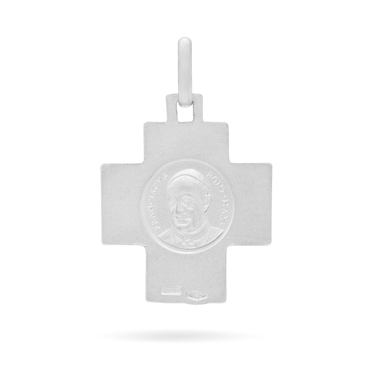 Mondo Cattolico Pendant 15 mm (0.59 in) White Gold Cross-shaped Chi Rho Medal With Pope Francis in the Back