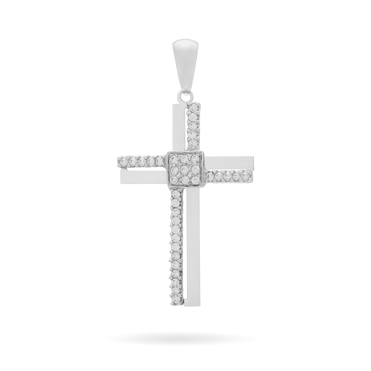 Mondo Cattolico White Gold Double Cross Pendant With Cubic Zirconia