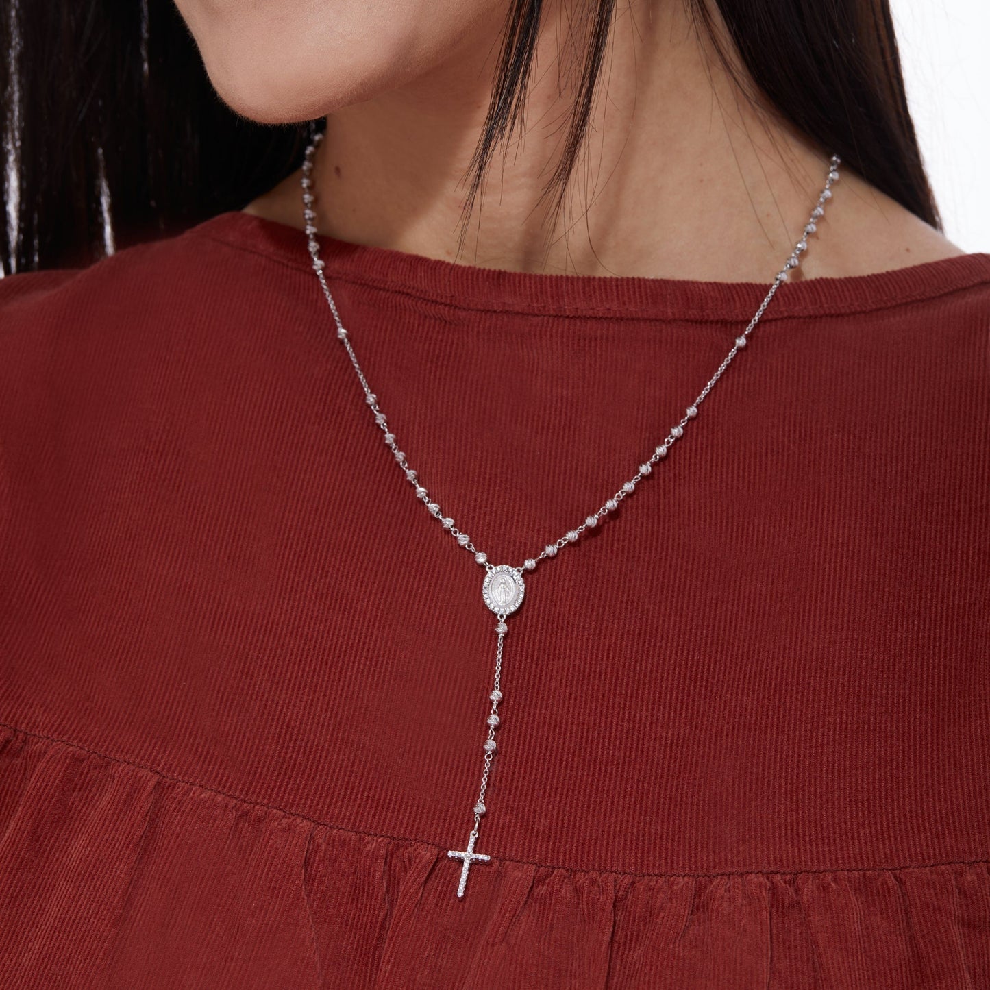 MONDO CATTOLICO Prayer Beads 22.5 cm (8.85 in) / 2.7 mm (0.10 in) White Gold Faceted Beads Rosary