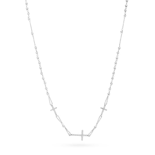 MONDO CATTOLICO Prayer Beads 22.5 cm (8.85 in) / 2 mm (0.07 in) White Gold Rosary Beads Necklace Three Crosses