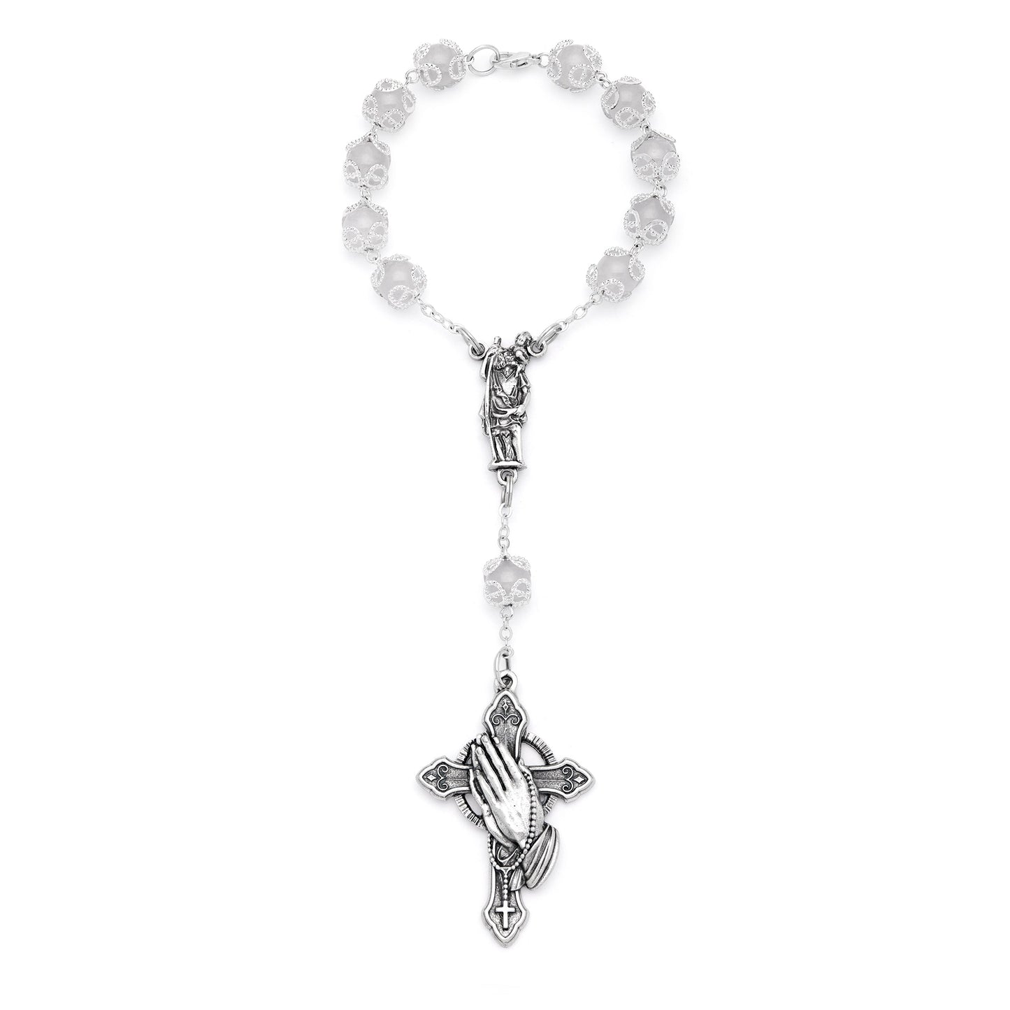 MONDO CATTOLICO ROMA Rosary 20 cm (7.87 in) / 8 cm (3.15 in) / 8 mm (0.31 in) White Jade One-Decade Rosary Bracelet with St. Joseph and Praying Hands Cross