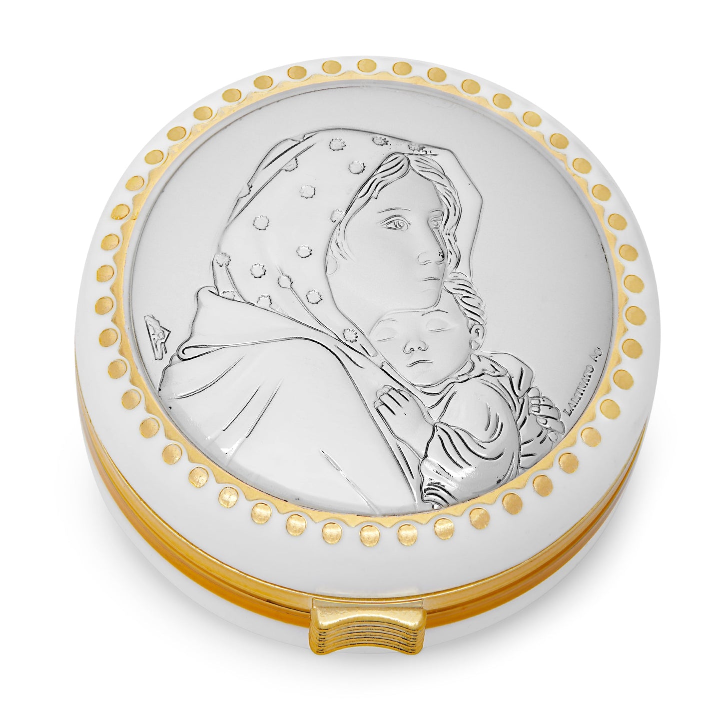 Mondo Cattolico Rosary Box White Rosary Box of Madonnina of Ferruzzi With Metal Plaque