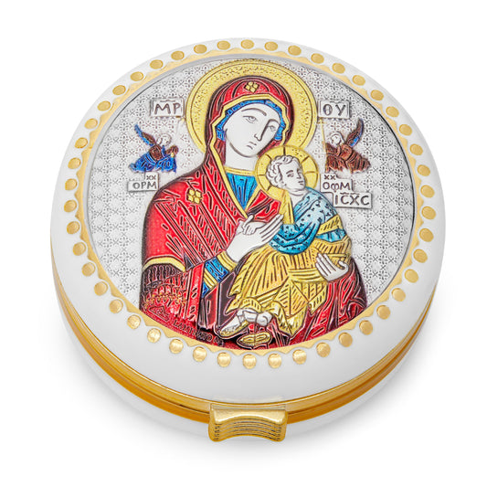 Mondo Cattolico Rosary Box White Rosary Box of Our Lady of Perpetual Help With Metal Plaque and Colorful Details